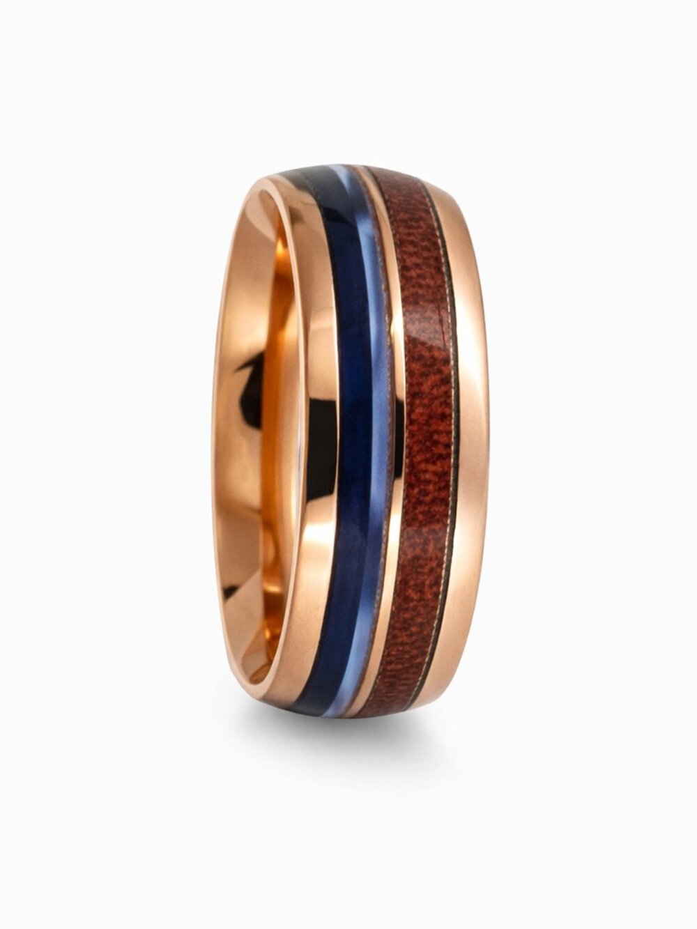 Rose Gold Stainless Steel Ring Blue & Wood Grain Inlay Band Unisex Wedding Band